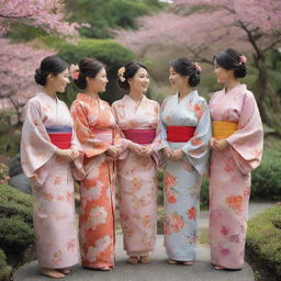 A group of Japanese women in traditional kimonos, showcasing vibrant designs and patterns. They are enjoying a peaceful afternoon in a bloom-filled Japanese garden.