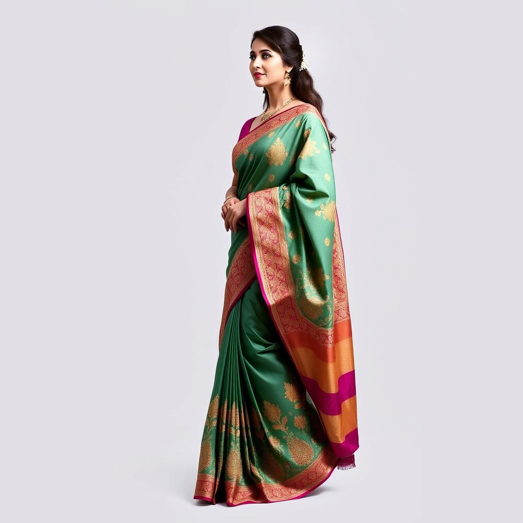 A beautiful woman wearing a traditional saree, standing gracefully in an elegant pose