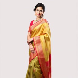 A beautiful woman wearing a traditional saree, standing gracefully in an elegant pose