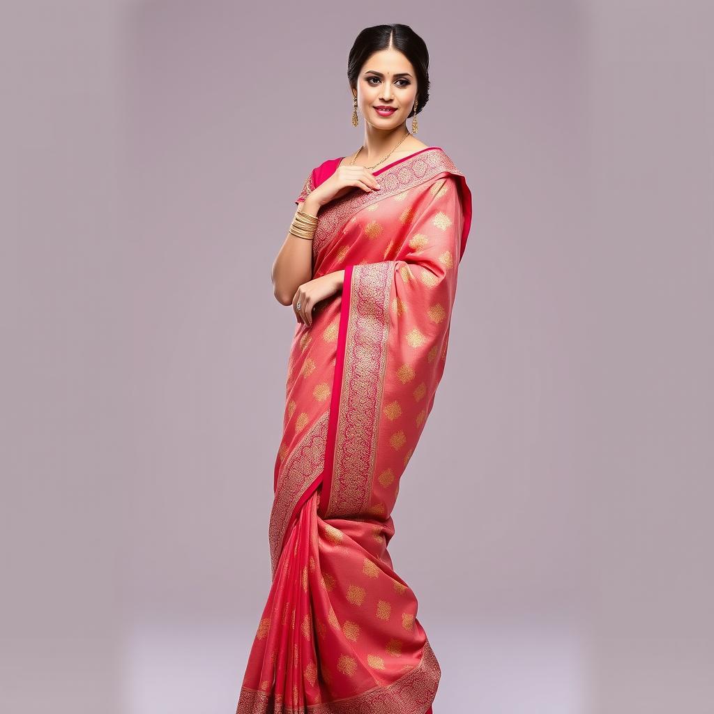 A beautiful woman wearing a traditional saree, standing gracefully in an elegant pose