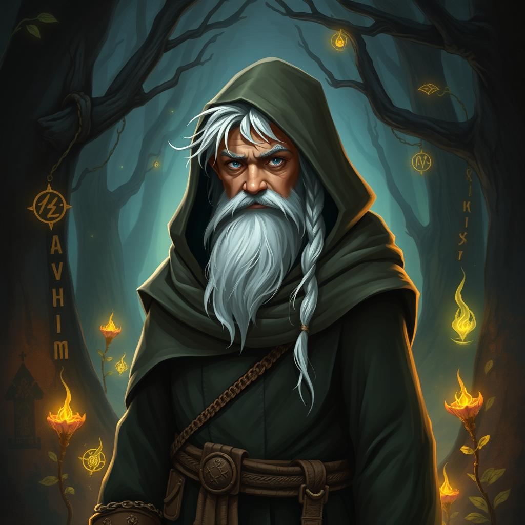 A half-elf wizard with a little white beard and hair, wearing a hooded cloak