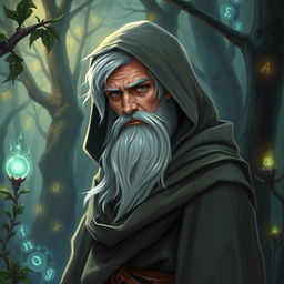 A half-elf wizard with a little white beard and hair, wearing a hooded cloak