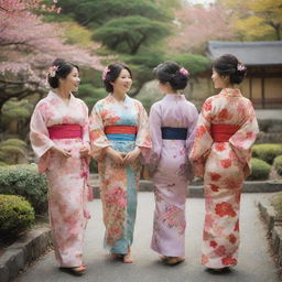 A group of Japanese women in traditional kimonos, showcasing vibrant designs and patterns. They are enjoying a peaceful afternoon in a bloom-filled Japanese garden.