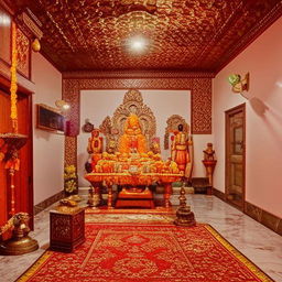 A tranquil Pooja room furnished with gleaming brass statues, carved teakwood furniture, sandalwood incense filling the air, warm glow from oil lamps illuminating ornate patterns on vibrant carpets, all under a floral ceiling.