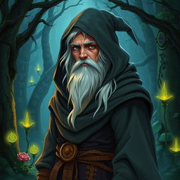 A half-elf wizard with a little white beard and hair, wearing a hooded cloak