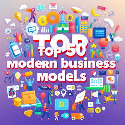 A vibrant and dynamic illustration showcasing the top 50 modern business models