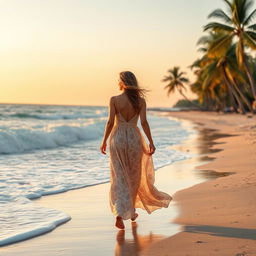 Create an image of a woman wearing a long sundress, walking on the beach by the sea waves and the palm trees