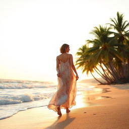 Create an image of a woman wearing a long sundress, walking on the beach by the sea waves and the palm trees