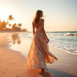 Create an image of a woman wearing a long sundress, walking on the beach by the sea waves and the palm trees