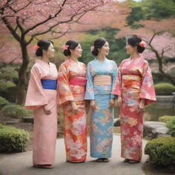 A group of Japanese women in traditional kimonos, showcasing vibrant designs and patterns. They are enjoying a peaceful afternoon in a bloom-filled Japanese garden.