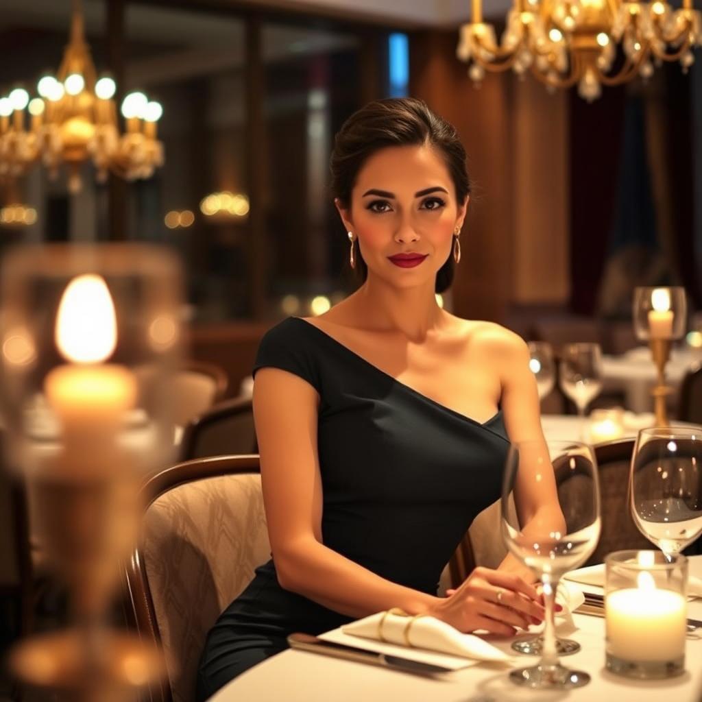 Create an image of a woman wearing a pencil dress, sitting at the dinner table in a fancy restaurant at night with dim lights