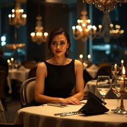 Create an image of a woman wearing a pencil dress, sitting at the dinner table in a fancy restaurant at night with dim lights