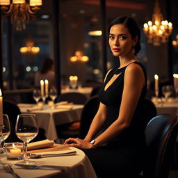 Create an image of a woman wearing a pencil dress, sitting at the dinner table in a fancy restaurant at night with dim lights