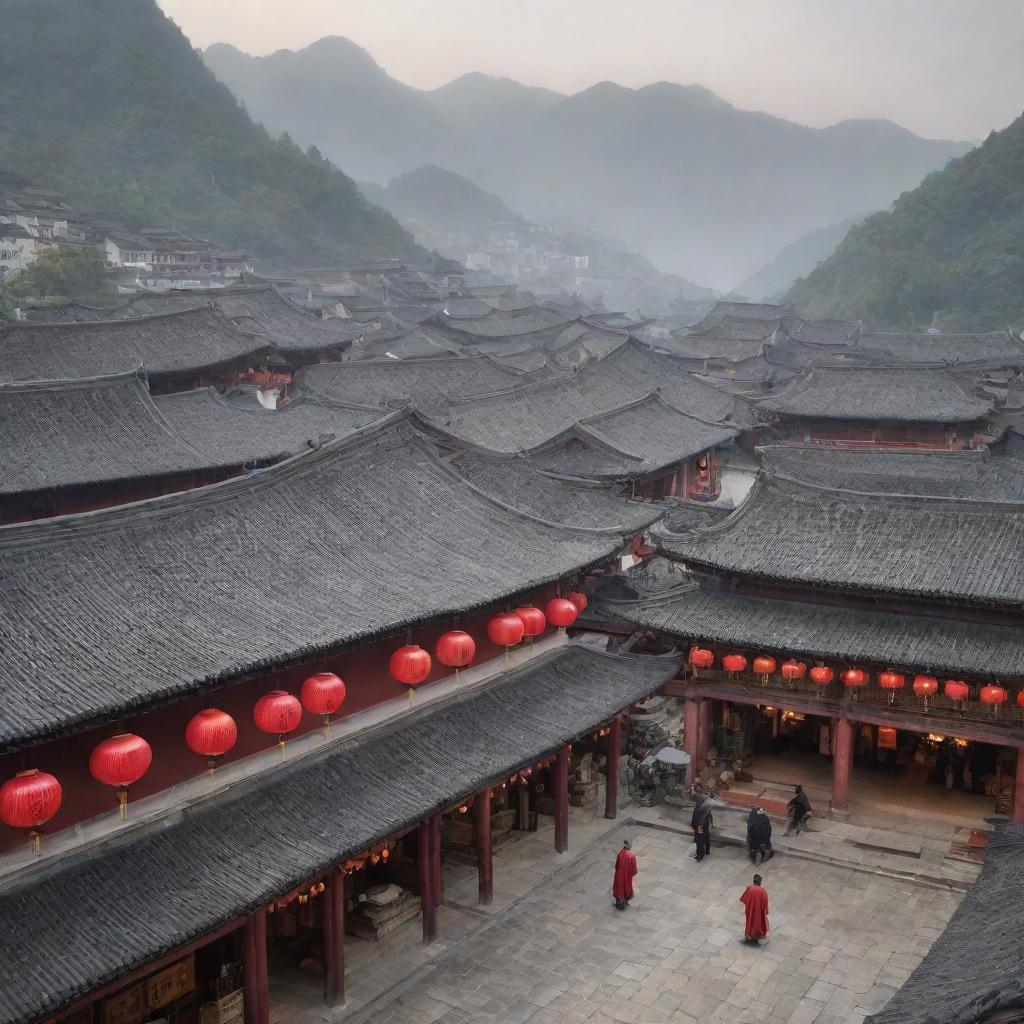 A picturesque Chinese town with busy market streets, traditional houses with curved rooftops, red lanterns hanging all around, with a backdrop of misty mountains.