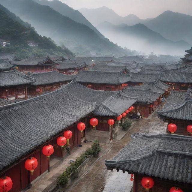 A picturesque Chinese town with busy market streets, traditional houses with curved rooftops, red lanterns hanging all around, with a backdrop of misty mountains.