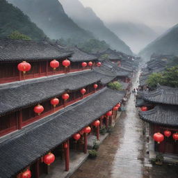 A picturesque Chinese town with busy market streets, traditional houses with curved rooftops, red lanterns hanging all around, with a backdrop of misty mountains.