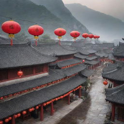 A picturesque Chinese town with busy market streets, traditional houses with curved rooftops, red lanterns hanging all around, with a backdrop of misty mountains.