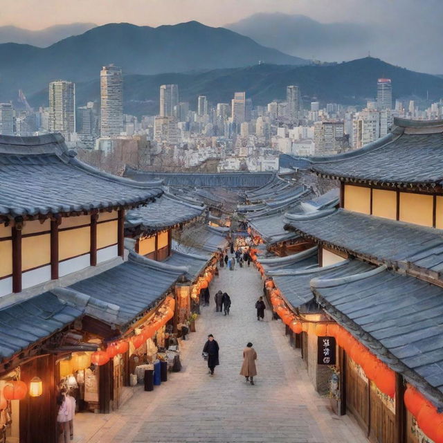 A lively Korean town, with narrow streets lined by traditional hanok houses, colorful banners fluttering, bustling markets, with a backdrop of modern skyscrapers.