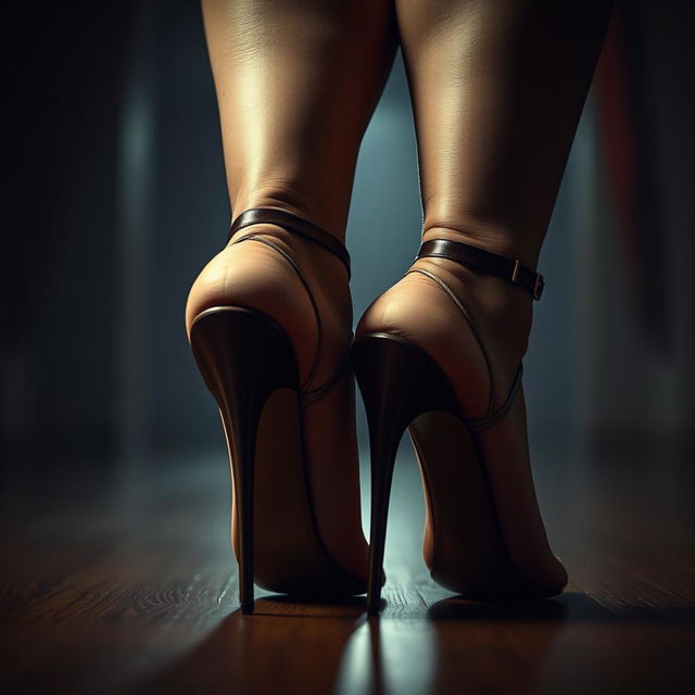 A hyperrealistic, cinematic film still photograph of a big obese woman with large muscular feet in open toe stiletto heels with ankle straps