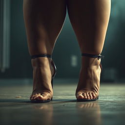 A hyperrealistic, cinematic film still photograph of a big obese woman with large muscular feet in open toe stiletto heels with ankle straps