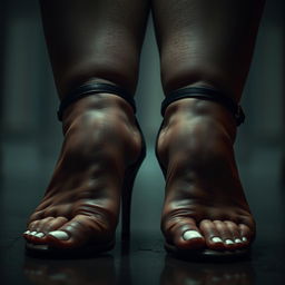 A hyperrealistic, cinematic film still photograph of a big obese woman with large muscular feet in open toe stiletto heels with ankle straps