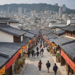 A lively Korean town, with narrow streets lined by traditional hanok houses, colorful banners fluttering, bustling markets, with a backdrop of modern skyscrapers.