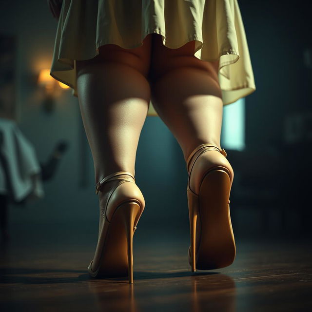 A hyperrealistic, cinematic film still photography of a big obese woman with large muscular feet in open toe stiletto heels with ankle straps