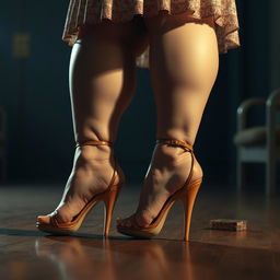 A hyperrealistic, cinematic film still photography of a big obese woman with large muscular feet in open toe stiletto heels with ankle straps