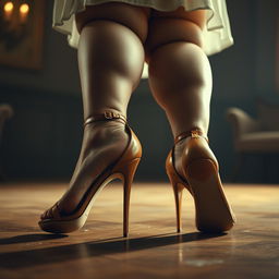 A hyperrealistic, cinematic film still photography of a big obese woman with large muscular feet in open toe stiletto heels with ankle straps