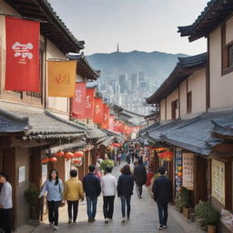 A lively Korean town, with narrow streets lined by traditional hanok houses, colorful banners fluttering, bustling markets, with a backdrop of modern skyscrapers.