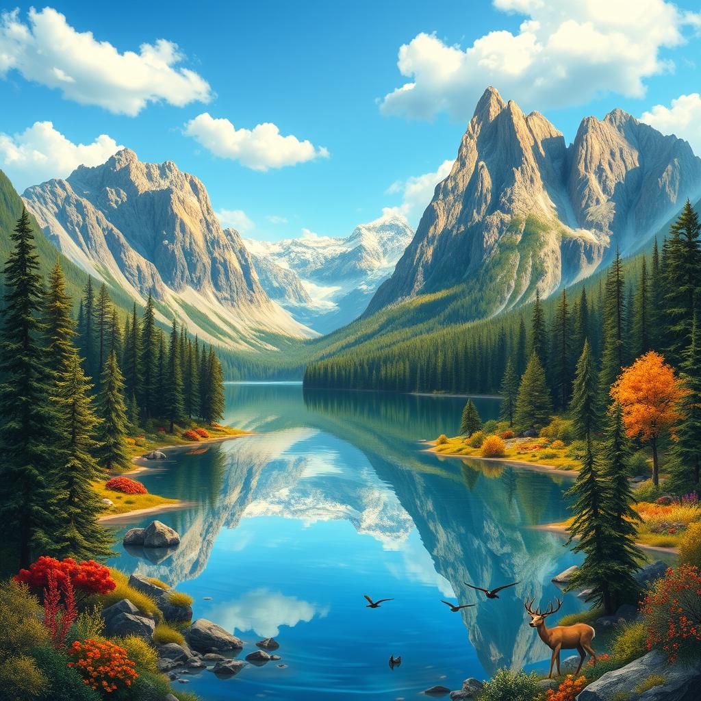 A vibrant and detailed landscape featuring a serene lake surrounded by lush forests and towering mountains under a clear blue sky