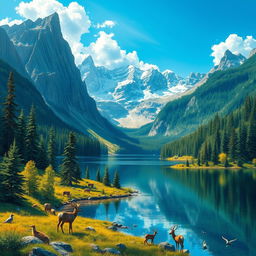 A vibrant and detailed landscape featuring a serene lake surrounded by lush forests and towering mountains under a clear blue sky