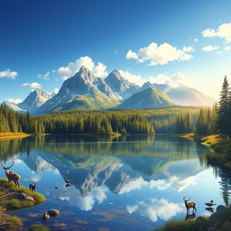 A vibrant and detailed landscape featuring a serene lake surrounded by lush forests and towering mountains under a clear blue sky