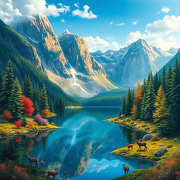 A vibrant and detailed landscape featuring a serene lake surrounded by lush forests and towering mountains under a clear blue sky