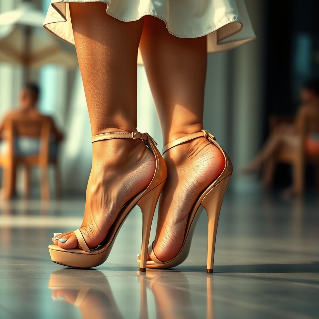 A hyperrealistic depiction of large muscular feet in open toe stiletto heels with ankle straps, featuring French tip toenails