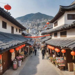 A lively Korean town, with narrow streets lined by traditional hanok houses, colorful banners fluttering, bustling markets, with a backdrop of modern skyscrapers.