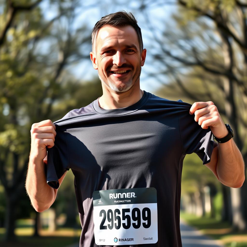 A runner man holding his running t-shirt with both hands, showing it off proudly