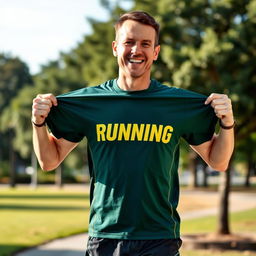 A runner man holding his running t-shirt with both hands, showing it off proudly