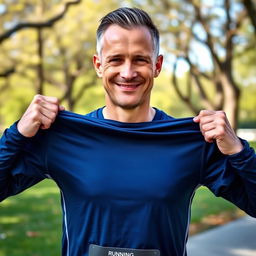 A runner man holding his running t-shirt with both hands, showing it off proudly