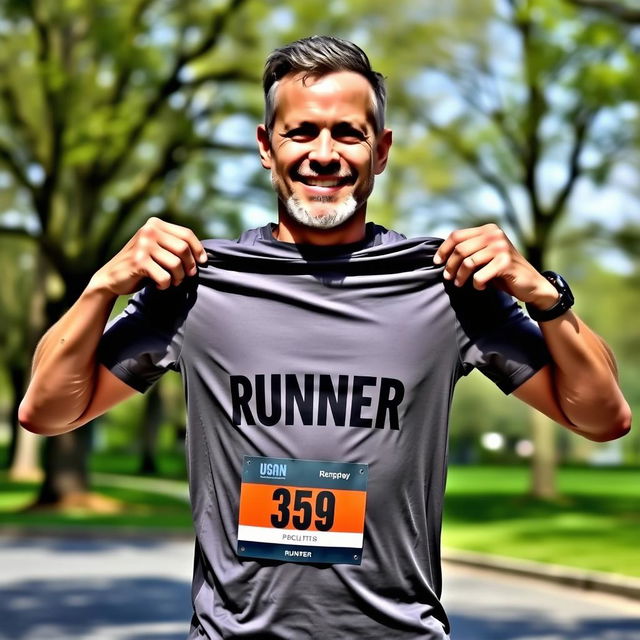 A runner man holding his running t-shirt with both hands, showing it off proudly