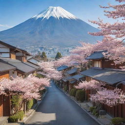 A charming Japanese town, featuring narrow streets lined with traditional wooden houses, blooming sakura trees, and quaint shops selling local wares, with striking Mt. Fuji in the backdrop.