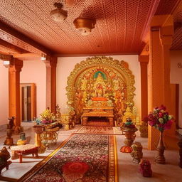 A tranquil Pooja room furnished with gleaming brass statues, carved teakwood furniture, sandalwood incense filling the air, warm glow from oil lamps illuminating ornate patterns on vibrant carpets, all under a floral ceiling.