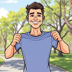 A cartoon runner man holding his running t-shirt with both hands, proudly showing it off