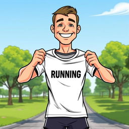 A cartoon runner man holding his running t-shirt with both hands, proudly showing it off