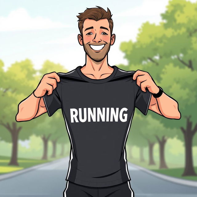 A cartoon runner man holding his running t-shirt with both hands, proudly showing it off