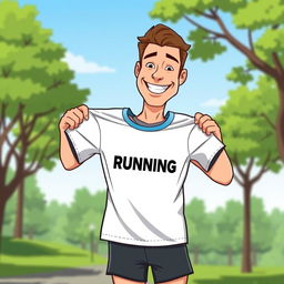 A cartoon runner man holding his running t-shirt with both hands, proudly showing it off