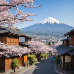 A charming Japanese town, featuring narrow streets lined with traditional wooden houses, blooming sakura trees, and quaint shops selling local wares, with striking Mt. Fuji in the backdrop.