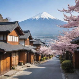 A charming Japanese town, featuring narrow streets lined with traditional wooden houses, blooming sakura trees, and quaint shops selling local wares, with striking Mt. Fuji in the backdrop.