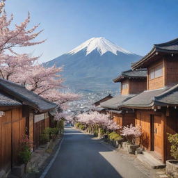 A charming Japanese town, featuring narrow streets lined with traditional wooden houses, blooming sakura trees, and quaint shops selling local wares, with striking Mt. Fuji in the backdrop.