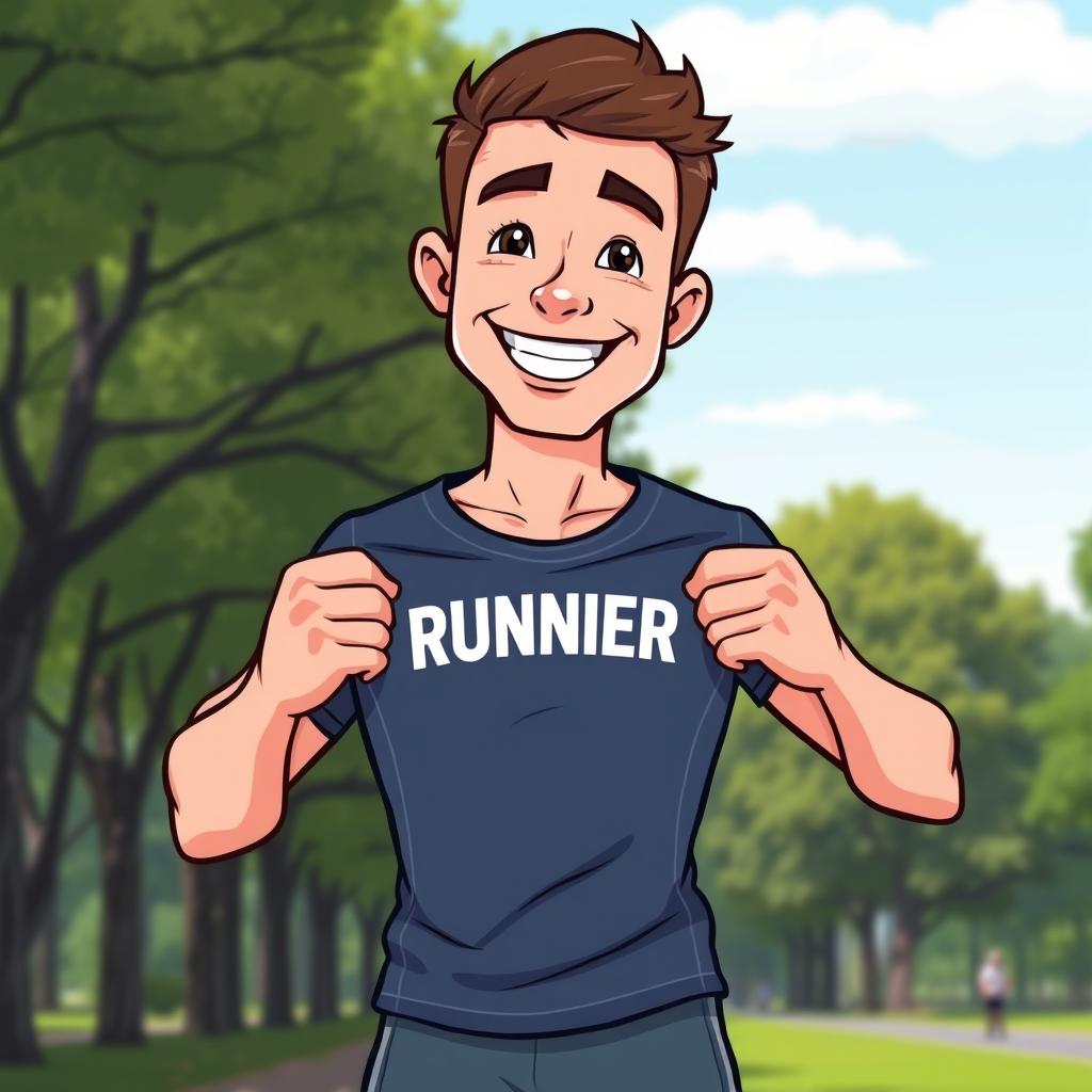 A cartoon runner man holding his running t-shirt with both hands, proudly showing it off